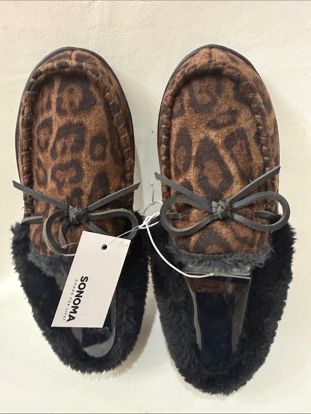 SONOMA Leopard-Print Moccasin Slippers Medium 7-8 Black Faux-Fur Lined Trim New